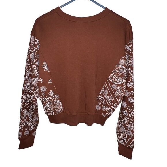 Belle‎ du Jour Women Size XS Block Print Pullover Sweatshirt Brown Paisley Boho - Picture 3 of 11